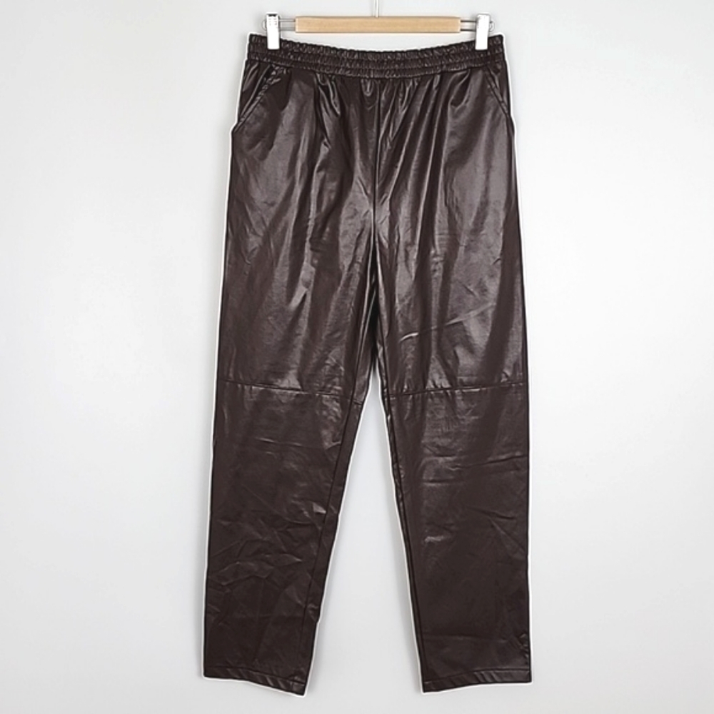 Cinnie Women's Faux Leather Pull On Pants Burgundy Brown Stretch Pockets L